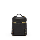 A black textured leather cylindrical bag with a top handle, gold-tone zipper, and gold rivets, shown against a plain white background.