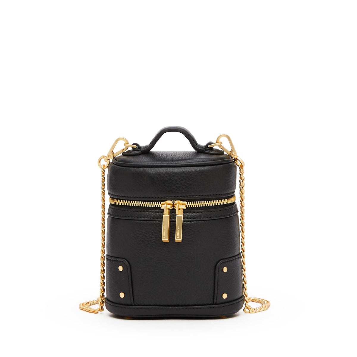 A black pebbled leather cylindrical backpack with gold-tone hardware, featuring a top handle, a front zippered pocket with two gold zipper pulls, and a gold chain shoulder strap, shown on a plain white background.