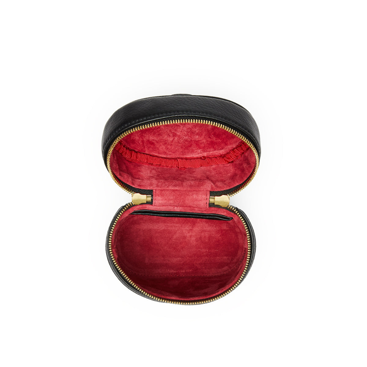 An open oval purse with a black textured exterior, gold-tone zipper, and a deep red velvet interior, shown against a plain white background.