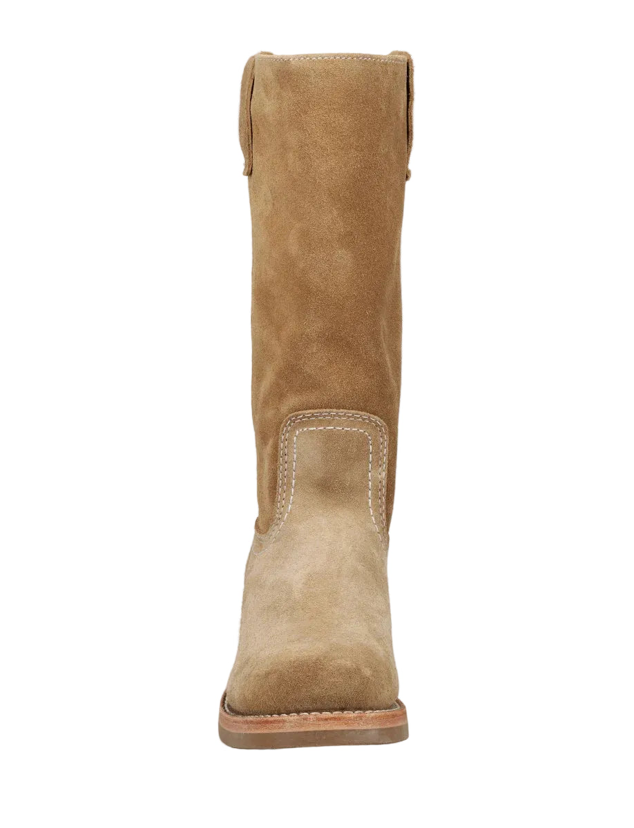 Tan suede boot on a white background