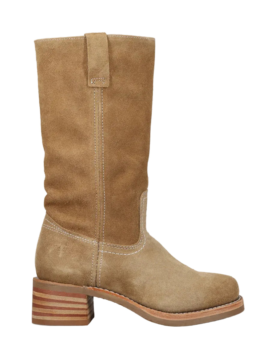 Tan suede boot on a light white background