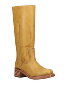 Tan knee-high boot on a light white background