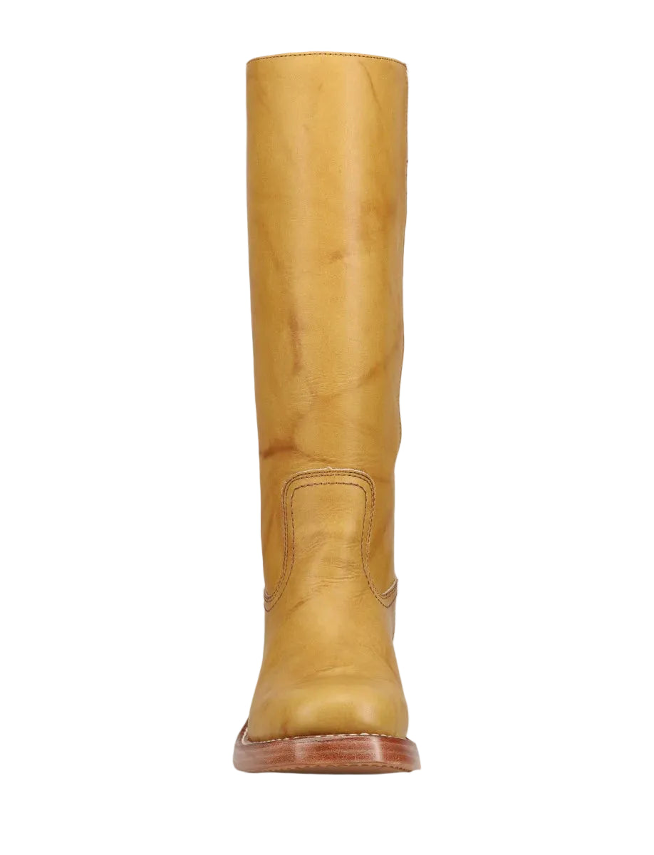 Tan knee-high boot on a white background