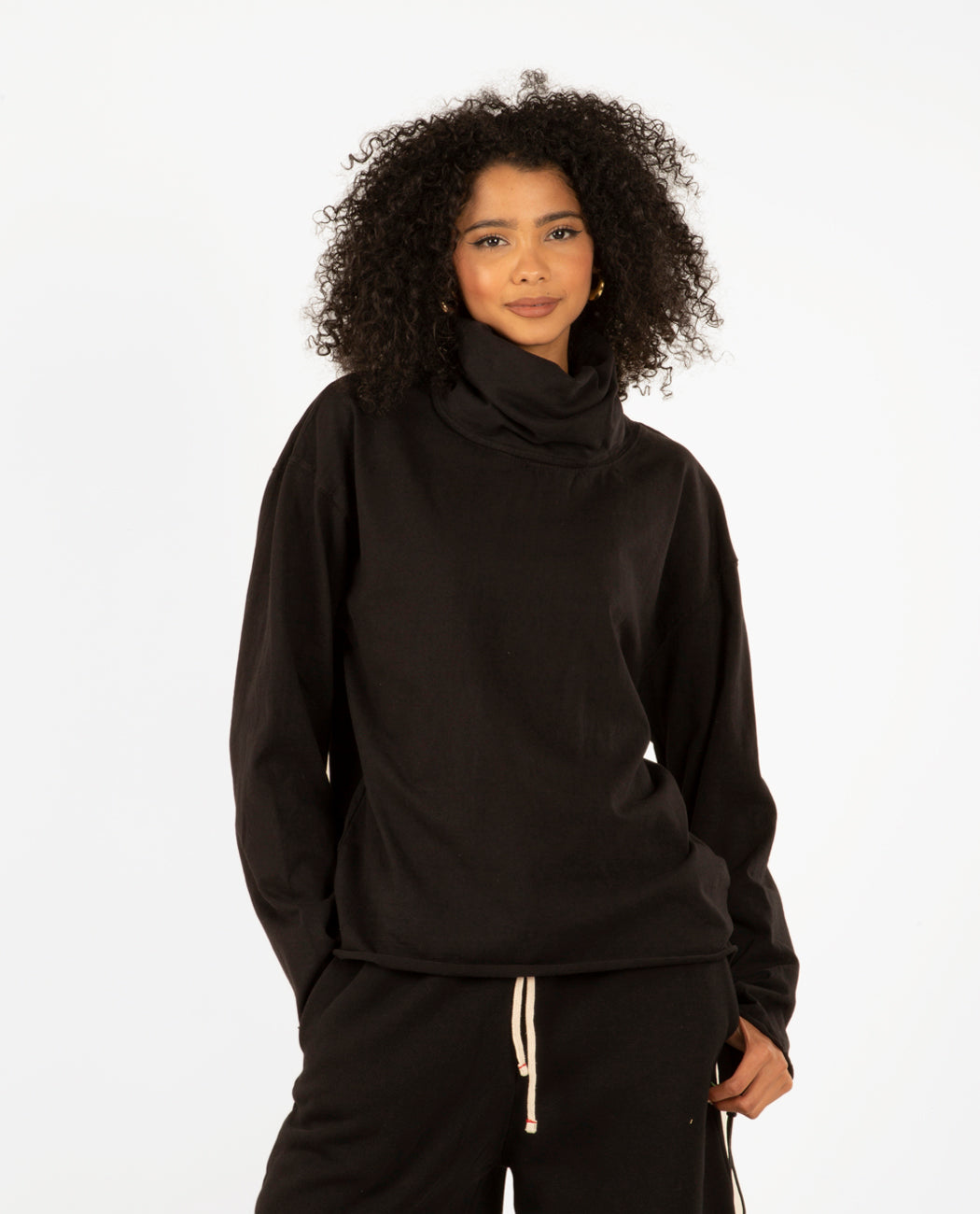 Cowl Neck Long Sleeve Jet Black Women Coats + Jackets LES TIEN