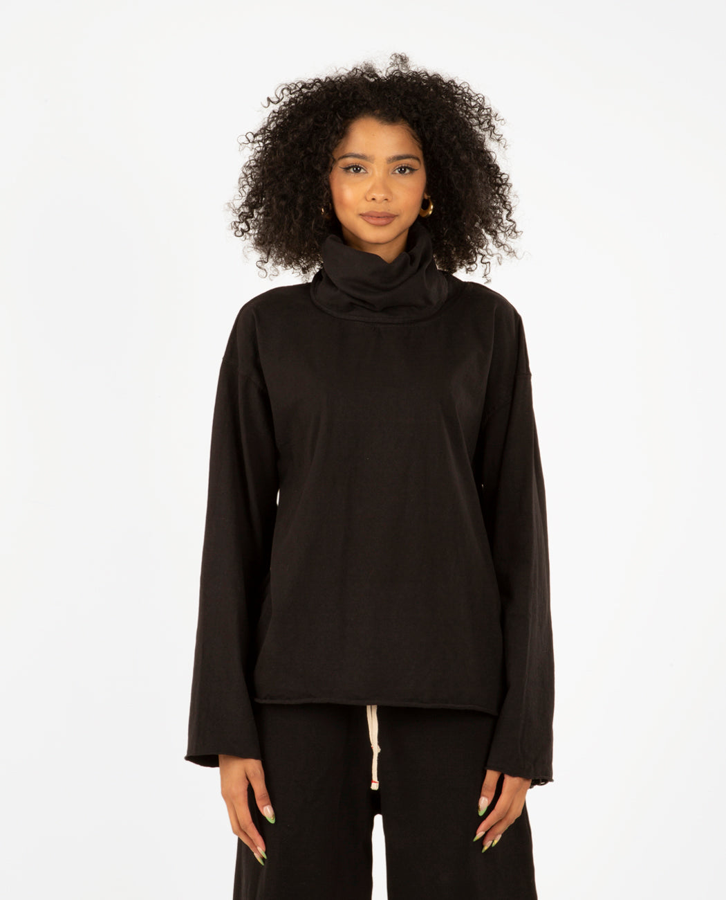 Cowl Neck Long Sleeve Jet Black Women Coats + Jackets LES TIEN