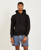 Men's black cropped hoodie with kangaroo pocket, front view